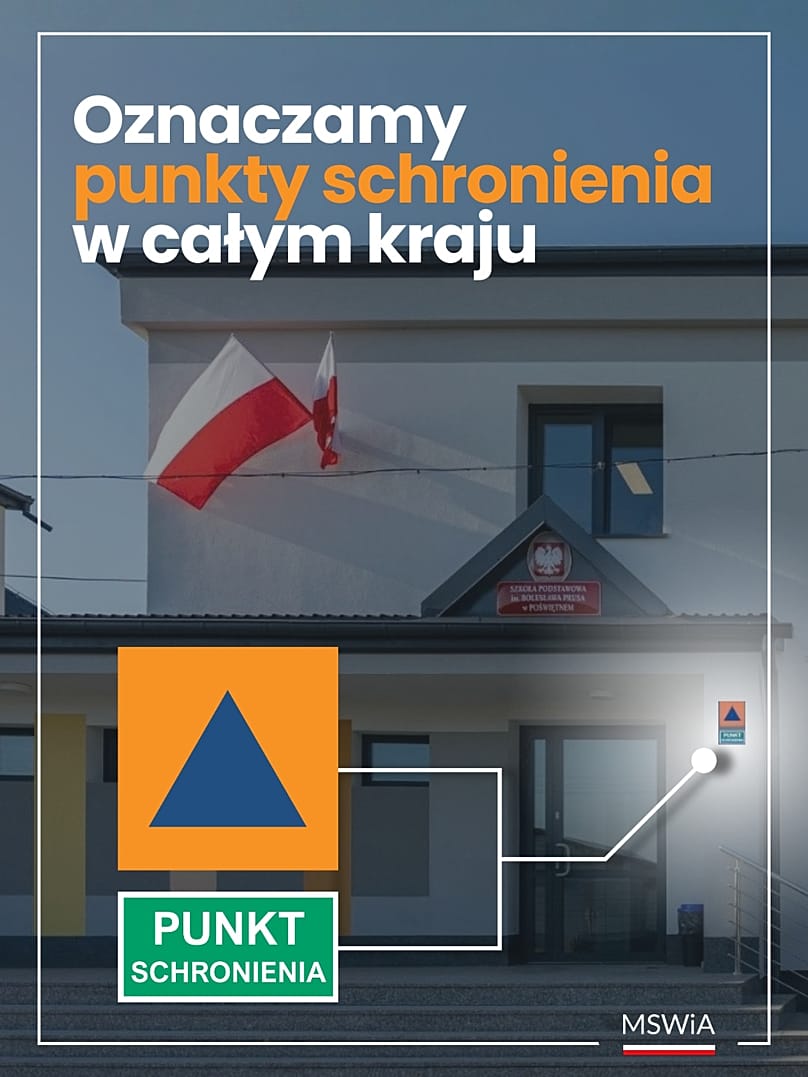 Grafika informacyjna MSWiA zawierająca oznaczenia punktów schronienia.
