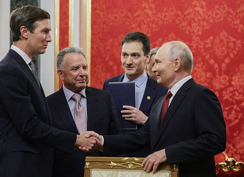 FILE@: Vladimir Putin, greets US president's envoys Steve Witkoff and Jared Kushner prior to talks in Moscow, Sept. 5, 2026. 