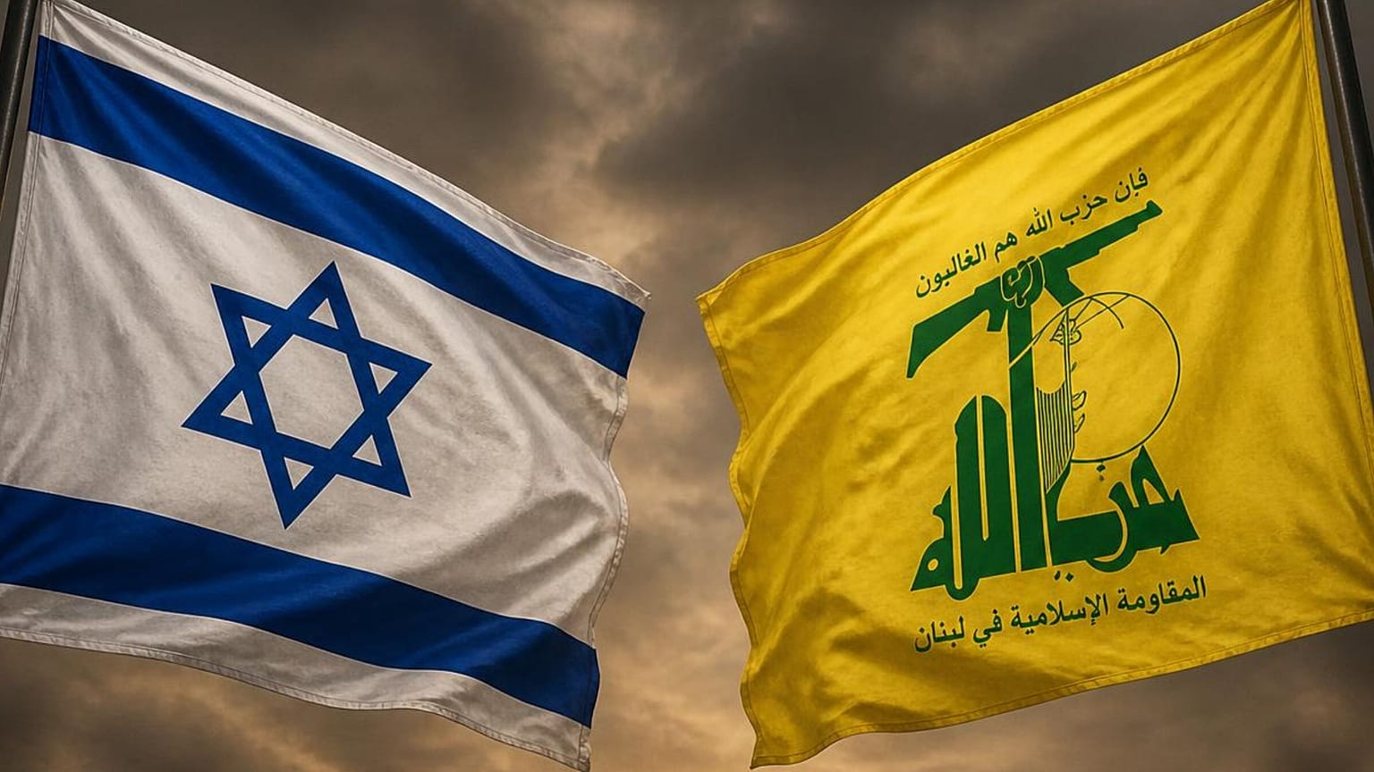 صورة رمزية تجمع العلم الإسرائيلي وراية حزب الله (مولّدة بالذكاء الاصطناعي باستخدام أداة كانفا)