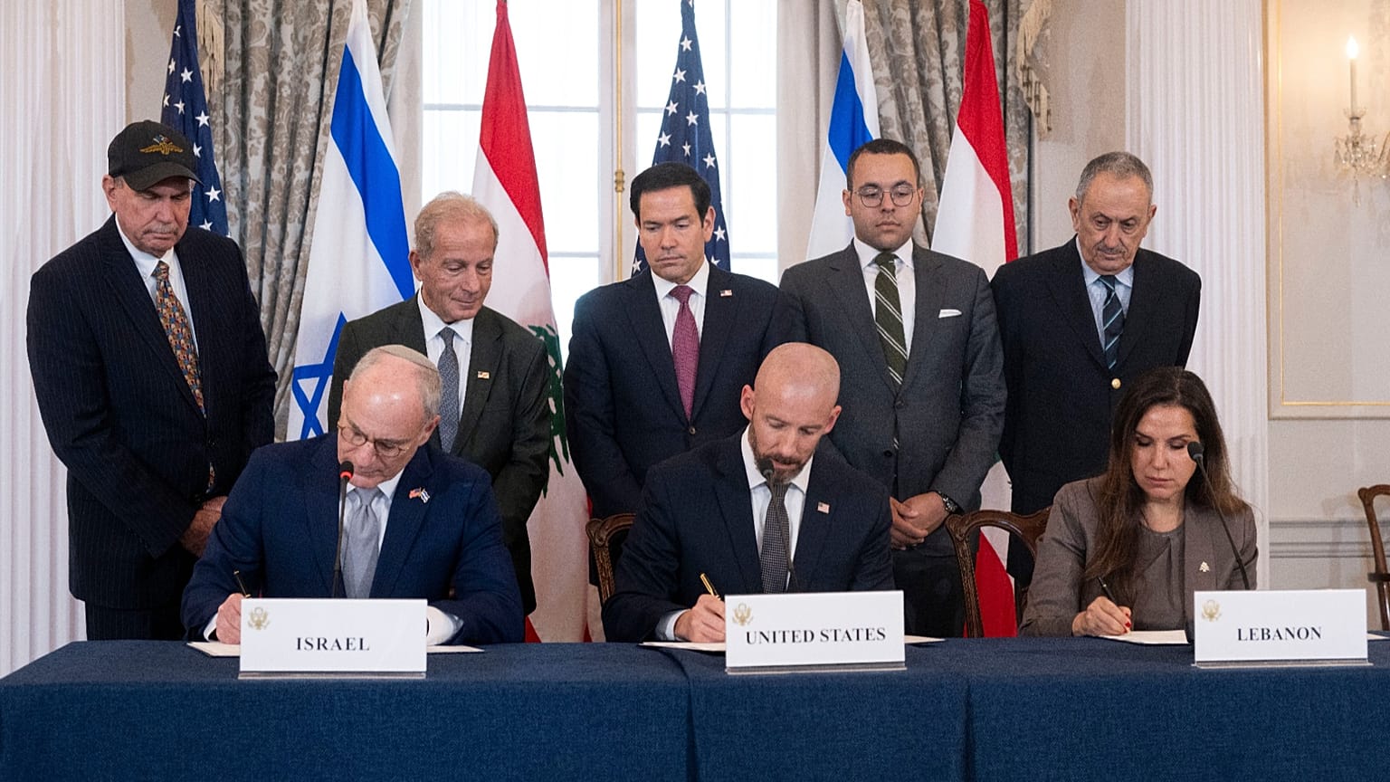 توقيع الاتفاق الإطاري بين لبنان وإسرائيل في واشنطن، بحضور وزير الخارجية الأمريكي ماركو روبيو، في 26 يونيو 2026.
