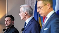 Ukrainian President Volodymyr Zelenskyj, Prime Minister Jonas Gahr Støre, and Finnish President Alexander Stubb speak during a press conference on Oct. 20, 2026 in Oslo