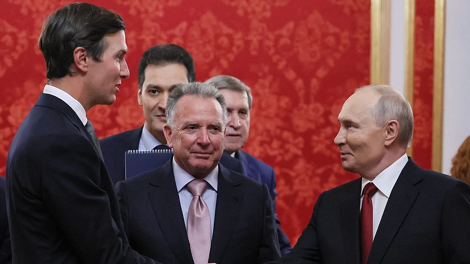 max 170 Russian President Vladimir Putin greets US envoys Jared Kushner and Steve Witkoff ahead of talks at the Kremlin in Moscow on 5 September 2026.
