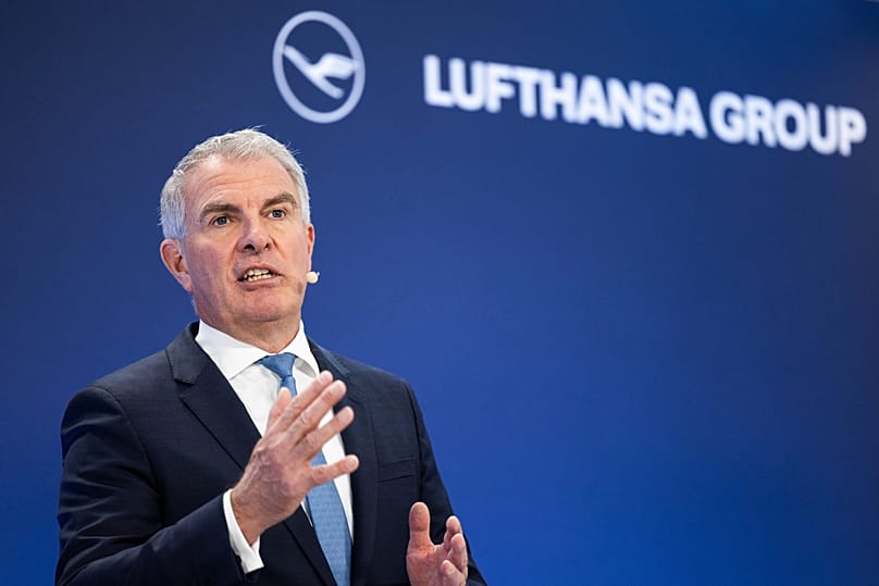 FILE. CEO of Deutsche Lufthansa AG Carsten Spohr speaks to journalists at its annual press conference in Germany, 7 March 2024