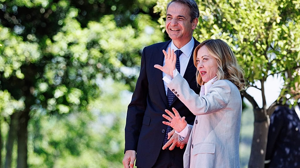 FILE. Italian Premier Giorgia Meloni and Greek Prime Minister Kyriakos Mitsotakis speak on the occasion of their meeting at Villa Pamphilj in Rome, 12 May 2025