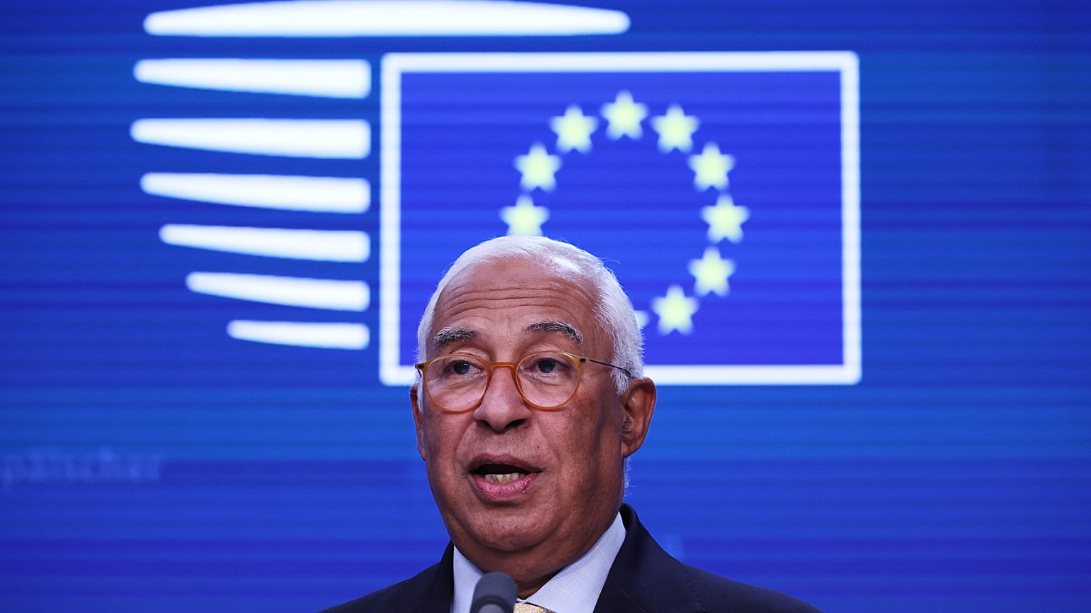 European Council President Antonio Costa addresses a media conference at the conclusion of the EU summit in Brussels, Friday, Oct. 16, 2026.