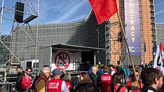 European trade unions demonstrating in front of the European Commission in Brussels, 24 September, 2026. 
