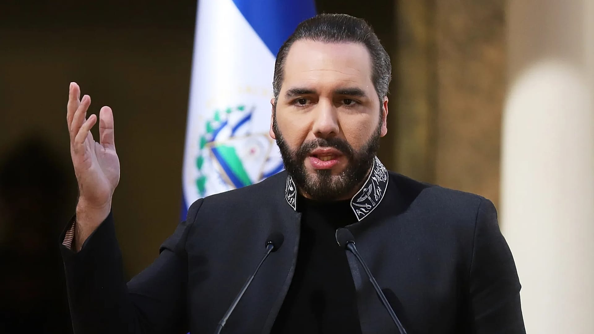FILE - El Salvador's President Nayib Bukele speaks at the National Palace as he hosts a meeting with U.S. congresspeople in San Salvador, El Salvador, Jan. 19,