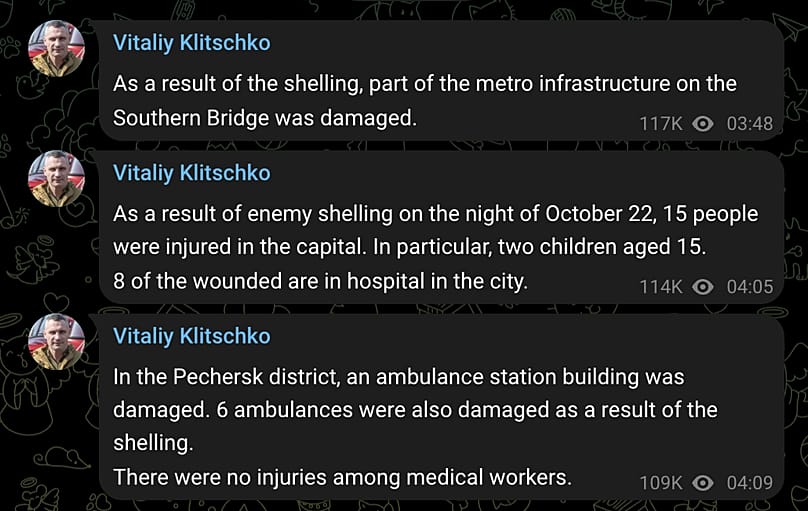 Kyiv's Mayor posting on Telegram (translated into English)