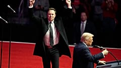FILE. Elon Musk reacts as US President-elect Donald Trump speaks at a rally ahead of the 60th Presidential Inauguration in Washington, 19 Jan. 2025