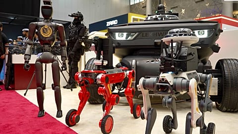 Robots and security equipment on display at Milipol Qatar in Doha, 21 October 2026.