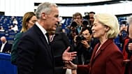 Canada's Prime Minister Mark Carney speaks with European Commission President Ursula von der Leyen at the European Parliament in Strasbourg, France, Sept 17, 2026.