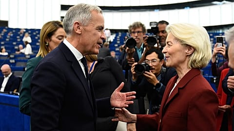 Canada's Prime Minister Mark Carney speaks with European Commission President Ursula von der Leyen at the European Parliament in Strasbourg, France, Sept 17, 2026.