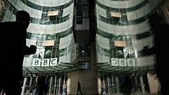 The BBC logo is displayed outside the company's headquarters in London, Nov. 12, 2025. 