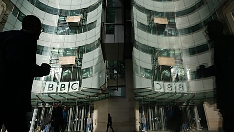 The BBC logo is displayed outside the company's headquarters in London, Nov. 12, 2025. 