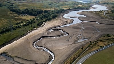 Woodhead reservoir is visible amid a drought near Manchester, England, Thursday, Aug. 13, 2026.