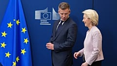 European Commission President Ursula von der Leyen, right, greets Hungary's Prime Minister Peter Magyar prior to a meeting at EU headquarters in Brussels, Friday, May 29, 2026