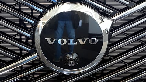 File - This is the Volvo logo on the grill of a Volvo automobile on display at the Pittsburgh International Auto Show in Pittsburgh, 14 Feb. 2025.