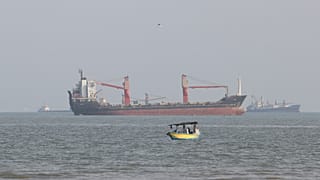 FILE: A boat floats as commercial vessels appear anchored in the Strait of Hormuz off Bandar Abbas, 13 October 2026