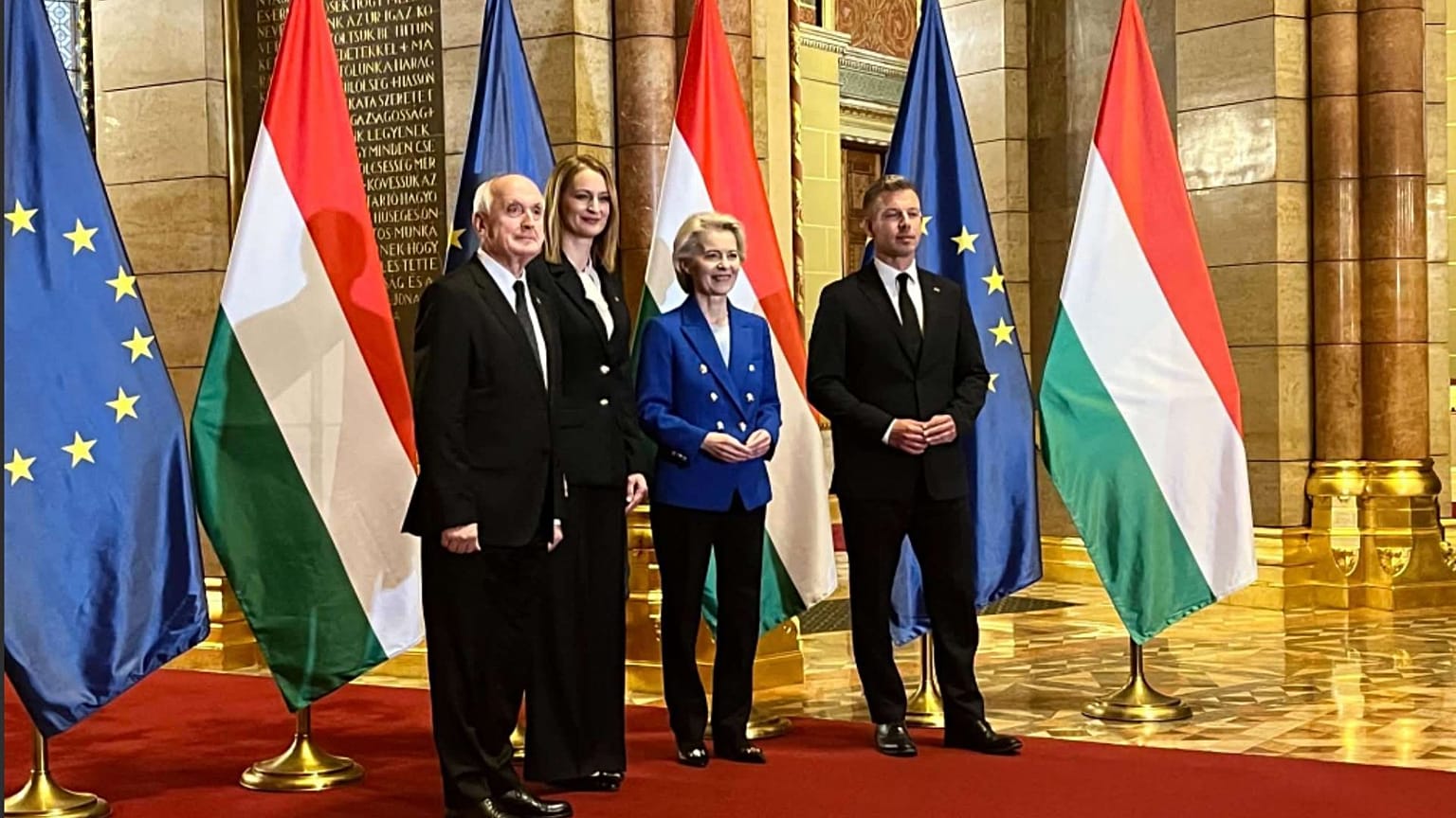 Baka András köztársasági elnök, Forsthoffer Ágnes házelnök, Ursula von Der Leyen és Magyar Péter miniszterelnök