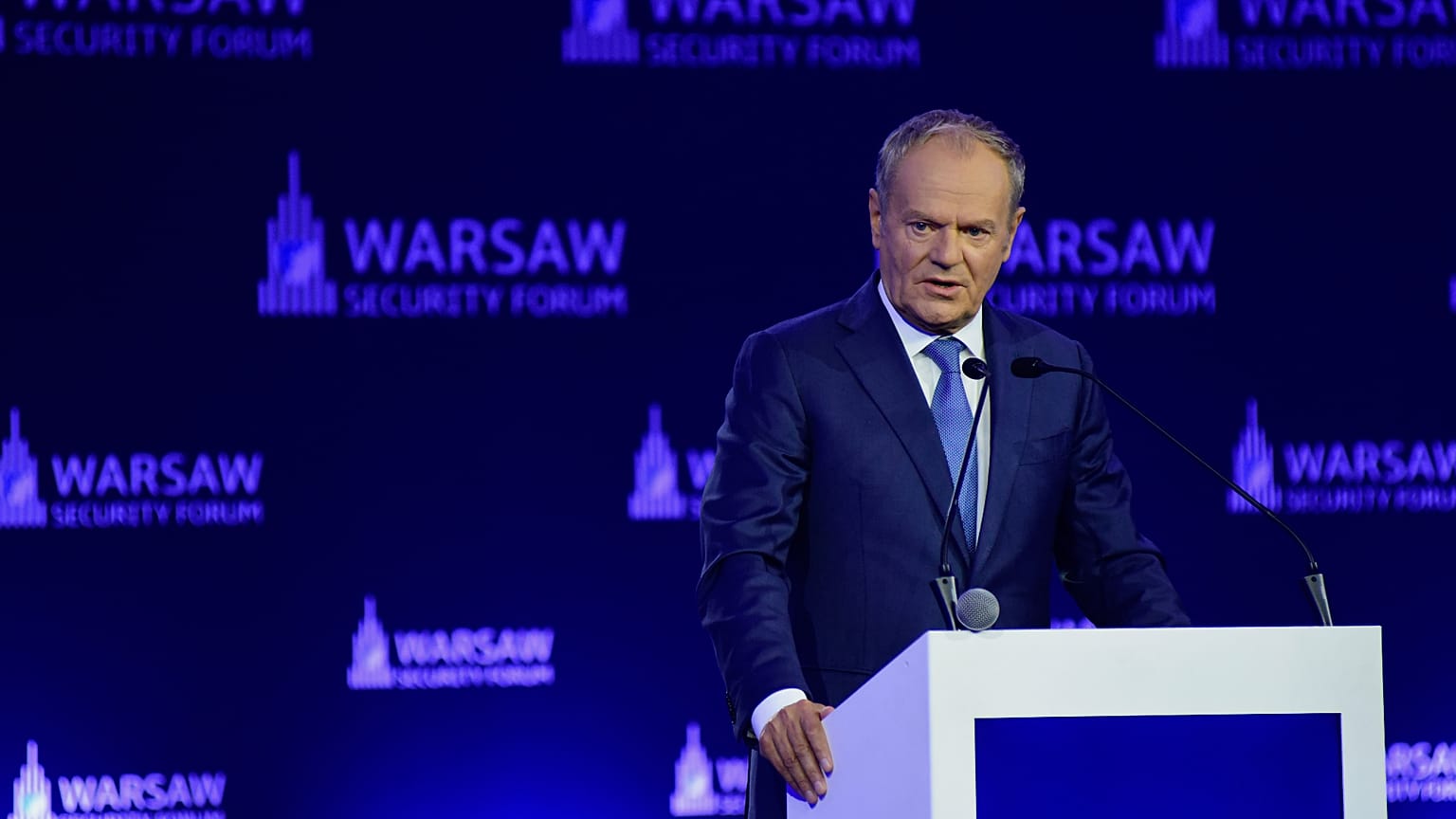 Premier Polski Donald Tusk przemawia podczas Warsaw Security Forum w Warszawie, w poniedziałek 12 października 2026 roku.