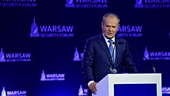Premier Polski Donald Tusk przemawia podczas Warsaw Security Forum w Warszawie, w poniedziałek 12 października 2026 roku.