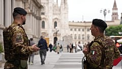 Soldiers patrol the area next to Milan's Duomo cathedral, Italy, Friday 23 October 2026. (AP Photo/Luca Bruno)