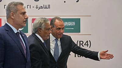 وزير الخارجية المصري بدر عبد العاطي يستقبل وزير الخارجية الباكستاني محمد إسحاق دار (في الوسط) ووزير الخارجية التركي هاكان فيدان