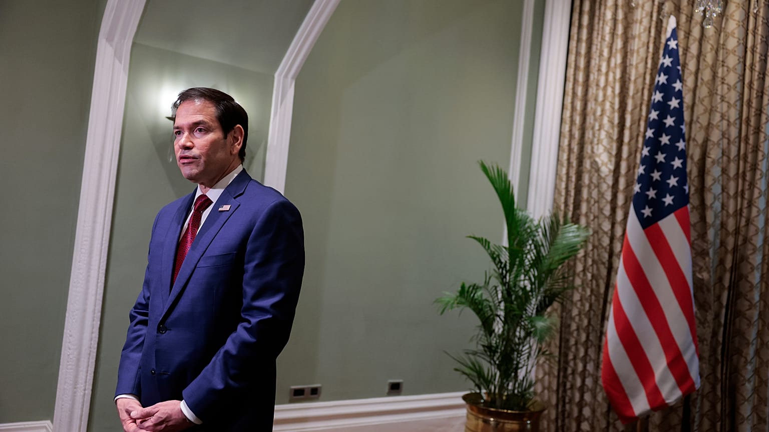 US Secretary of State Marco Rubio speaks with members of the media at the Taj Mahal Palace hotel in Mumbai, India, Wednesday, Oct. 21, 2026.