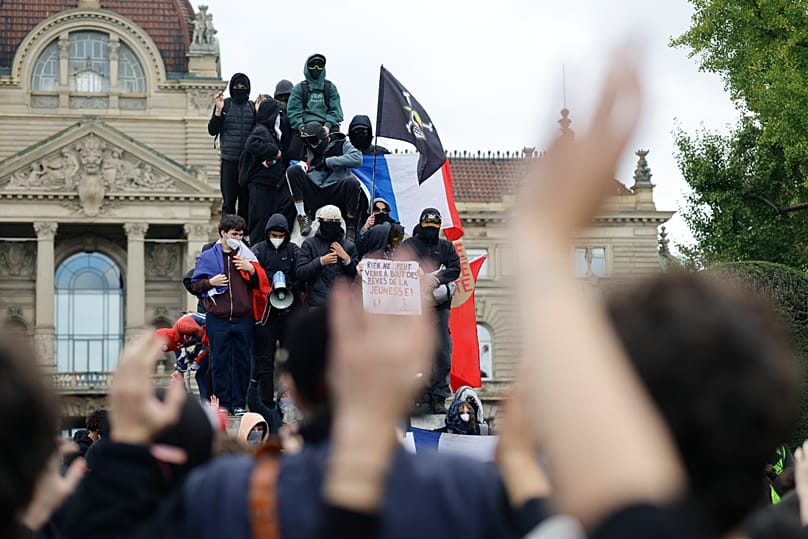 Protesters attend a demonstration against rising living costs in Strasbourg, France, Saturday, Oct. 24, 2026
