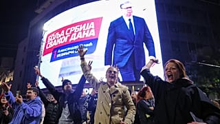 Youngsters cheer after polls closed in the parliamentary election in Belgrade, Serbia, Sunday, 25 October, 2026.