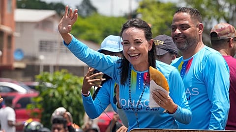 FILE: Opposition leader María Corina Machado greets her supporters in Maturín, Venezuela, on 20 July 2024. (AP Photo/Matias Delacroix)