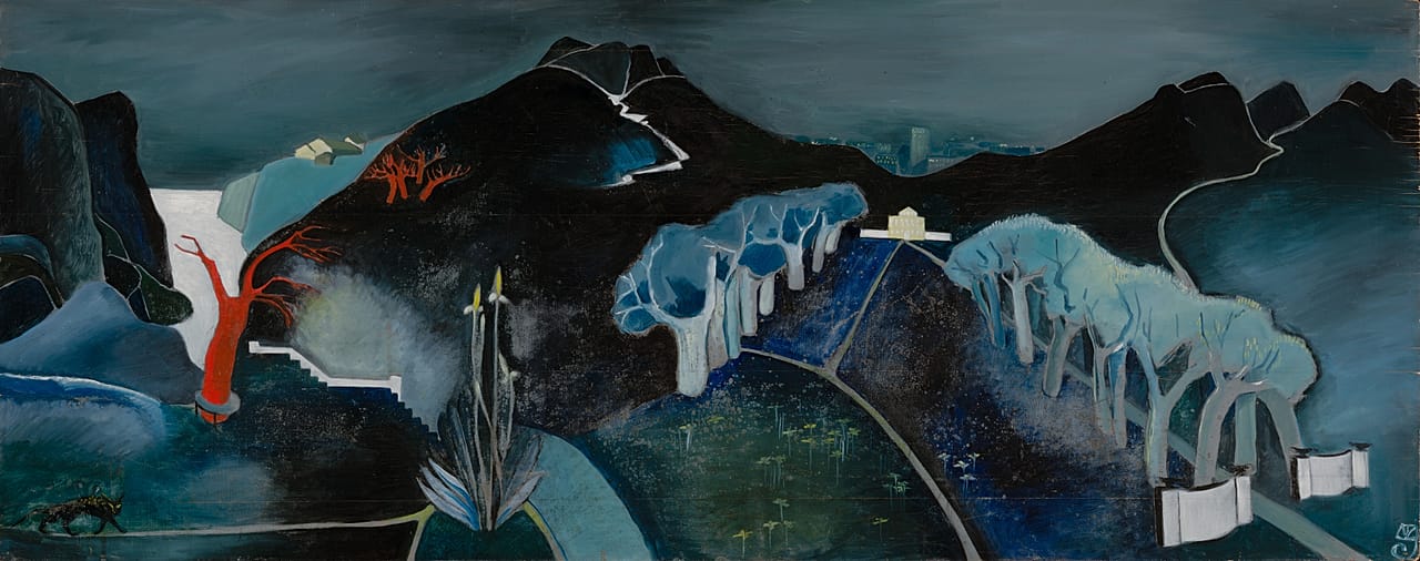 Tove Jansson, „Tajemniczy pejzaż” (ok. 1930–1939). Fińska Galeria Narodowa. Kolekcja / Muzeum Sztuki Ateneum.