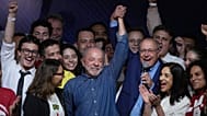 President Luiz Inacio Lula da Silva celebrates with his running mate Geraldo Alckmin after winning a fourth term in the presidential runoff in , Brazil, Sunday, Oct. 25, 2026.