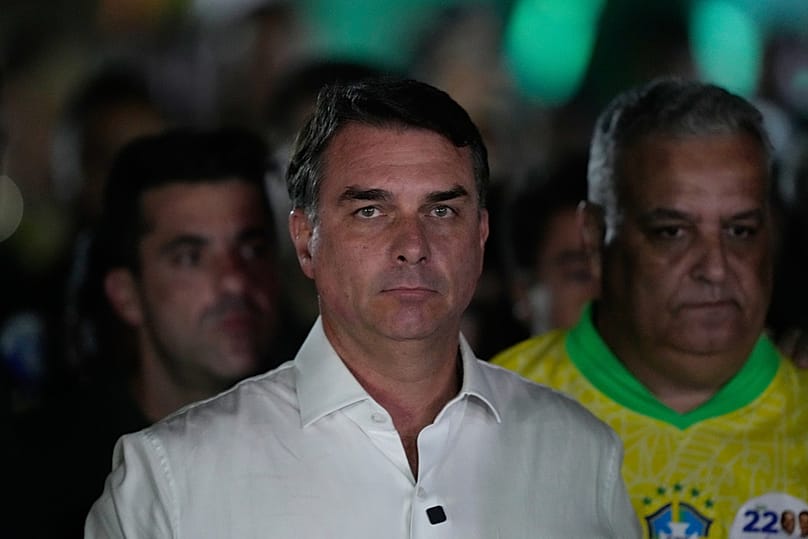 Opposition presidential candidate Sen. Flavio Bolsonaro arrives at his election night event after the presidential runoff in Brasilia, Brazil, Sunday, Oct. 25, 2026.