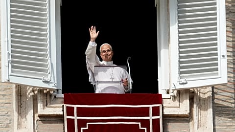 Pope Leo XIV leads the midday Angelus prayer in St Peter's Square at the Vatican on Sunday, 25 October 2026.