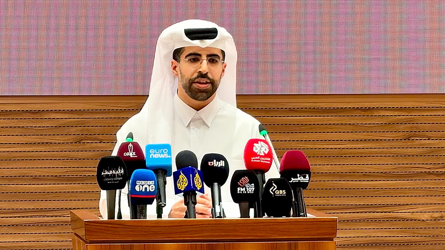 Ibrahim bin Sultan Al Hashmi, director of media and communication at Qatar’s foreign ministry, speaks at a briefing in Doha, 27 October 2026.
