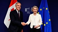 Canadian Prime Minister Mark Carney left, and European Commission President Ursula von der Leyen participate in a bilateral meeting at the European Parliament in Strasbourg,.