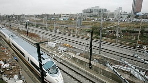 FILE: A high-speed AVE train on its first journey between Madrid and Barcelona arrives in Barcelona, Spain, on 20 February 2008.