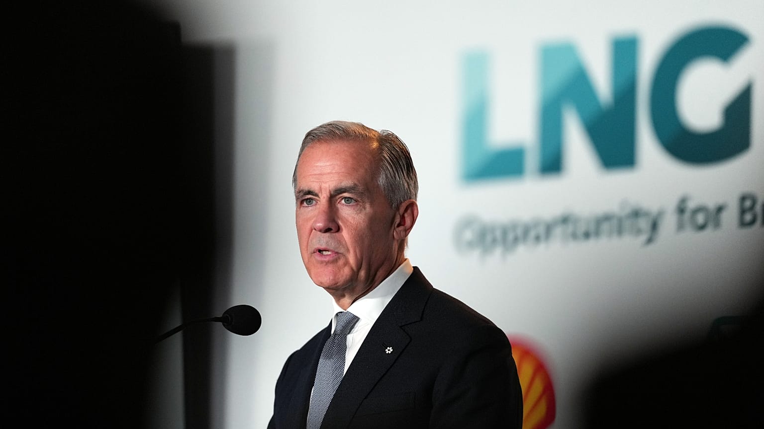 Prime Minister Mark Carney speaks after LNG Canada said it will go ahead with the Phase 2 expansion project at its LNG terminal in Kitimat, B.C., September 2026. 