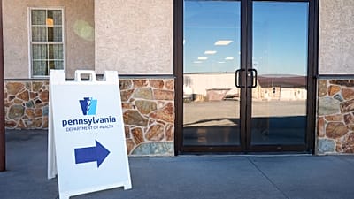 A sign is posted outside a Pennsylvania Department of Health measles vaccination clinic located in Lancaster County in Peach Bottom, Pa., Tuesday, Oct. 20, 2026.