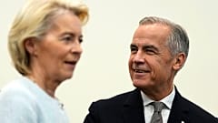Canadian Prime Minister Mark Carney and European Commission President Ursula von der Leyen arrive for a high-level pledging event for the OceanEye International Alliance.