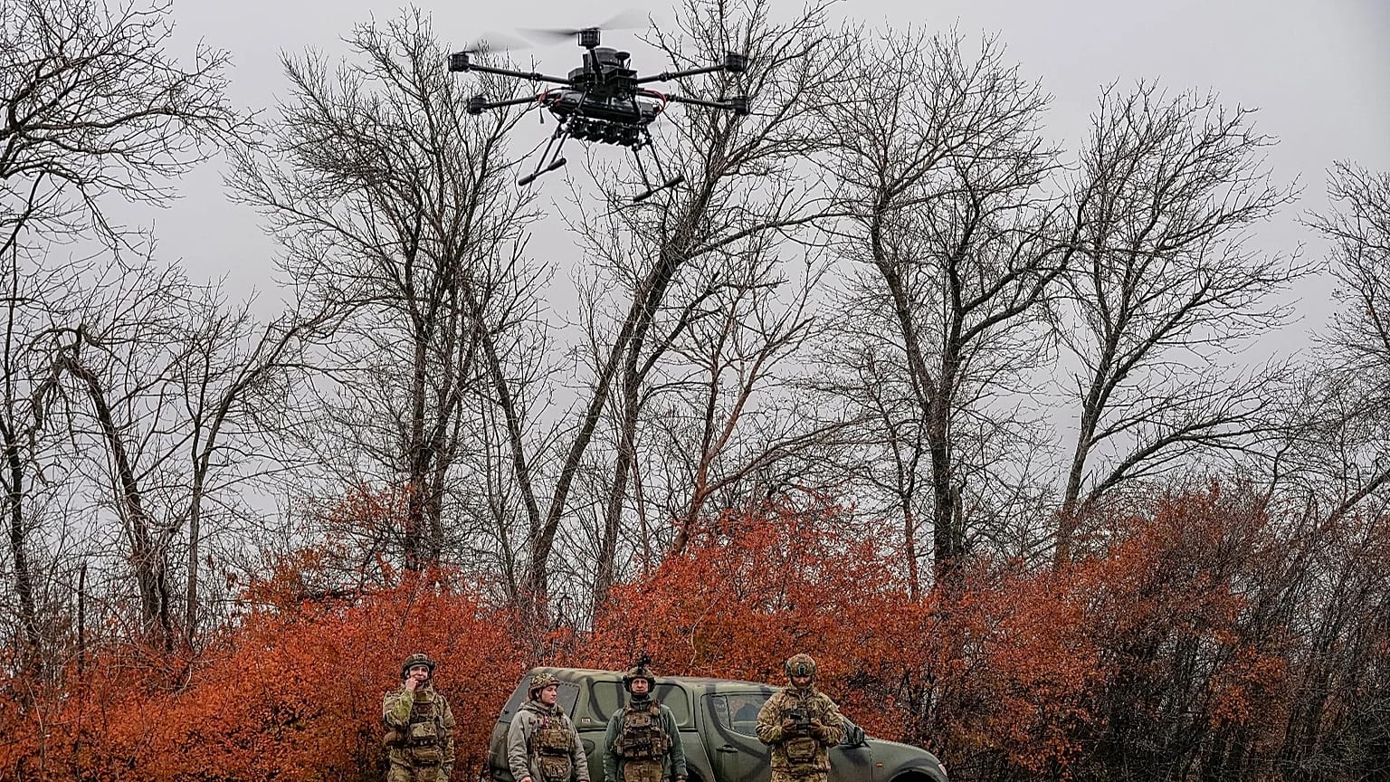 A Ukrainian soldier with the Kraken 1654 unit lands a Vampire drone during a demonstration for The Associated Press, Wednesday, Nov. 5, 2025, in Kharkiv Oblast, Ukraine.