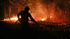 A firefighter sprays water in an attempt to extinguish a wildfire burning through a peatland forest in Pulang Pisau, Central Kalimantan, Indonesia, Sept. 5, 2026.