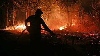 A firefighter sprays water in an attempt to extinguish a wildfire burning through a peatland forest in Pulang Pisau, Central Kalimantan, Indonesia, Sept. 5, 2026.