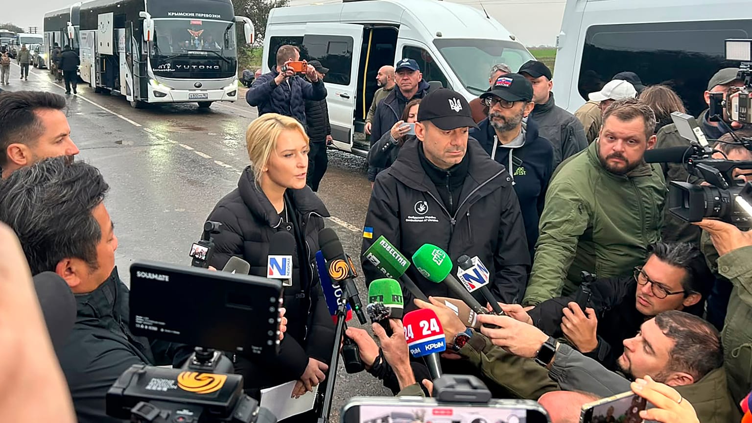 Ukraine's Ombudsman Dmytro Lubinets and Russian Ombudsman Yana Lantratova speak with journalists before departing for Oleshky in Armiansk, Crimea. Ukraine. Oct. 30, 2026