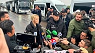 Ukraine's Ombudsman Dmytro Lubinets and Russian Ombudsman Yana Lantratova speak with journalists before departing for Oleshky in Armiansk, Crimea. Ukraine. Oct. 30, 2026