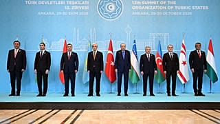 Leaders and representatives of the Organization of Turkic States pose for a family photo during the 13th OTS Summit in Ankara, Türkiye
