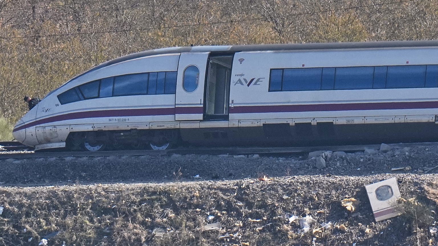 View of the site of wrecked train carriages following a collision between two trains in Urda, Spain, Friday, Oct. 30, 2026.